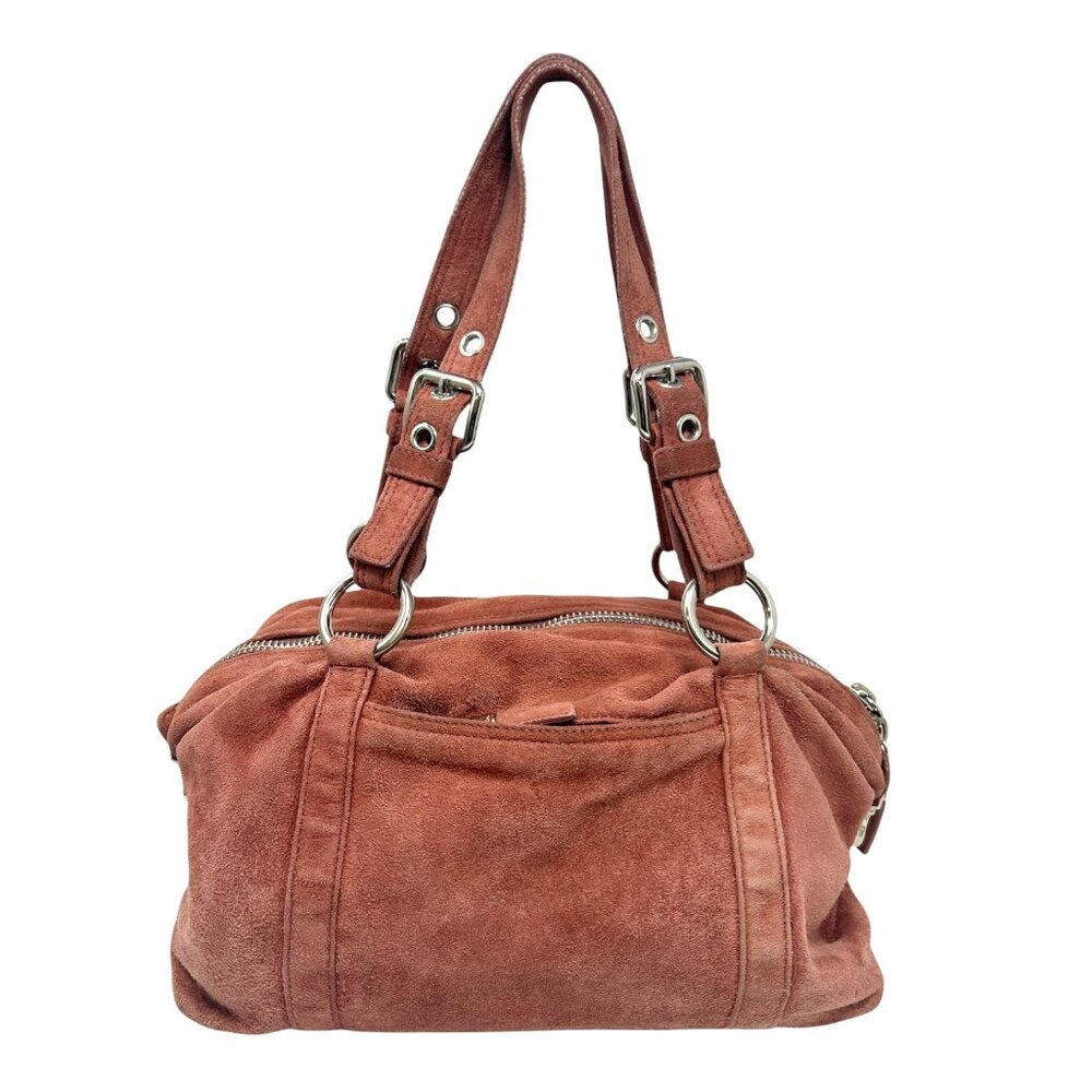 PRADA Vintage Logo Shoulder Bag Tote Red Brown Silver Handbag Suede Zip [105155] - Picture 6 of 13